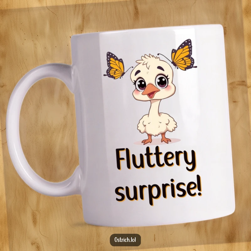 Funny surprised ostrich with wide eyes, startled by a tiny butterfly, showing shock and amusement, perfect for a funny mug gift.