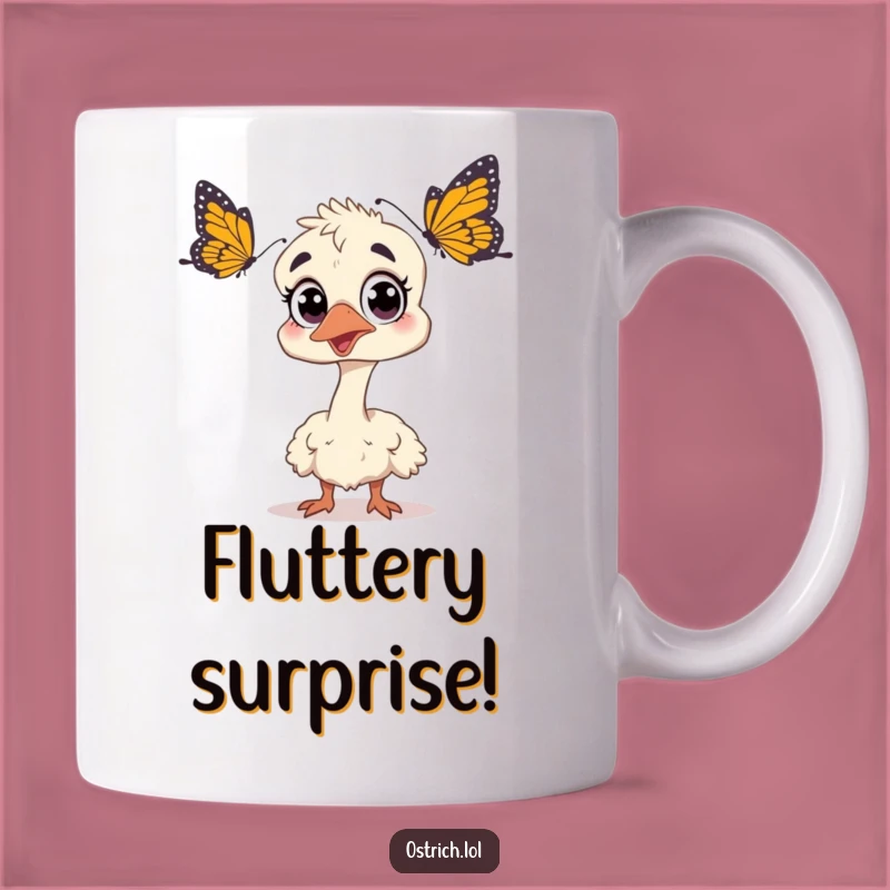 Funny Surprised Ostrich Butterfly Mug: Wide-Eyed Startled Humor Gift