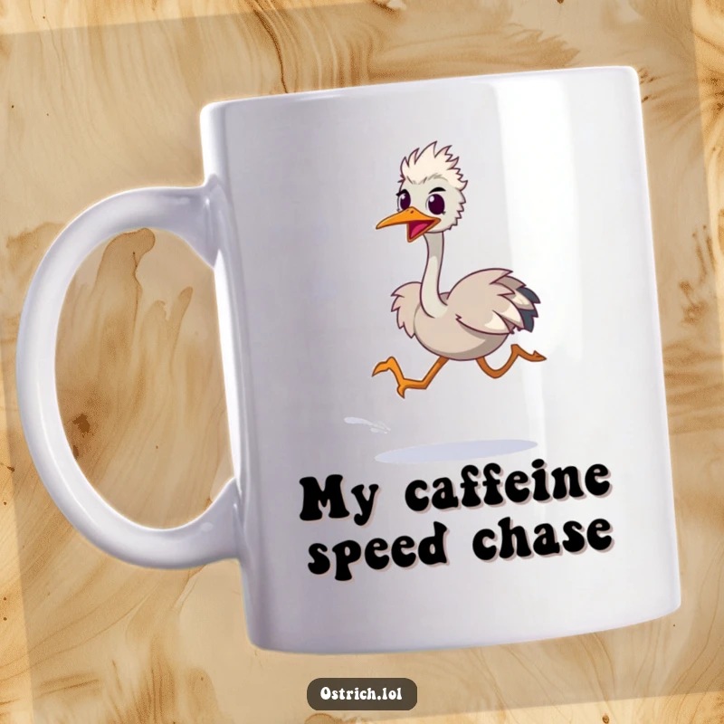 Funny mug with an ostrich character in a blurred-leg sprint, capturing the chaotic energy of a comical, speedy dash.