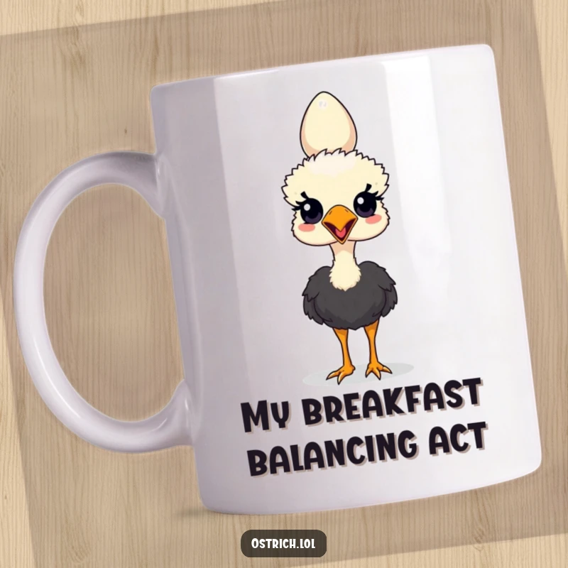 Funny mug featuring an ostrich character expertly balancing a large egg on its head with a determined expression.