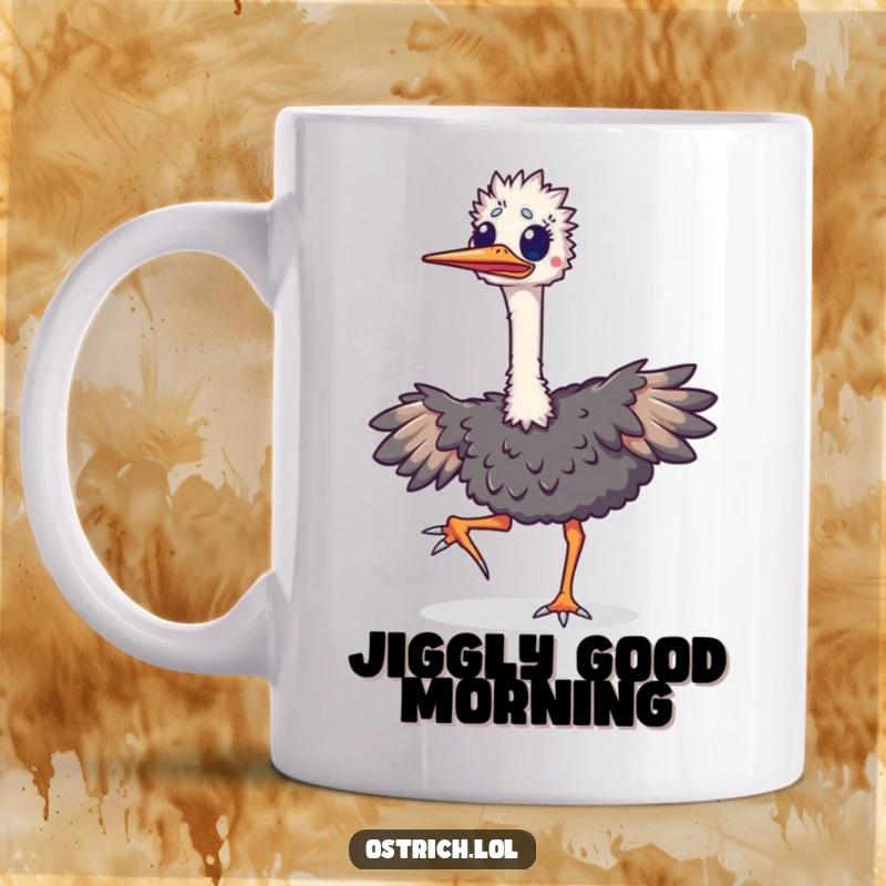 Funny ostrich mug features an ecstatic bird doing a happy jig, its long neck bobbing with pure, unadulterated joy and silly energy.
