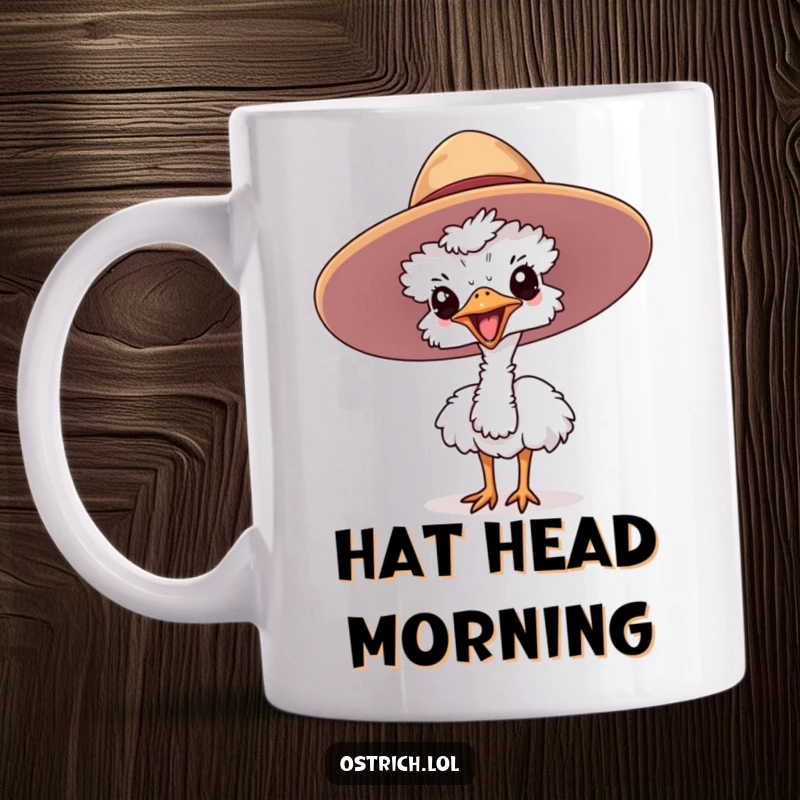 Funny ostrich mug with a cute character joyfully sticking its head out of a large hat, a unique surprise.