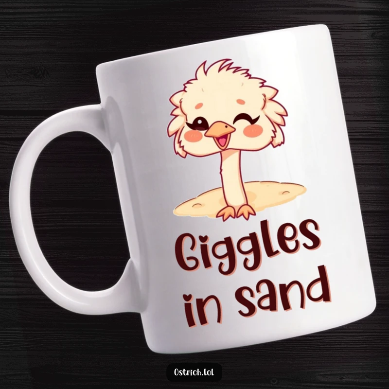 Funny Ostrich Head in Sand Mug, a comical character burying its head and giggling, finding humor in escape.