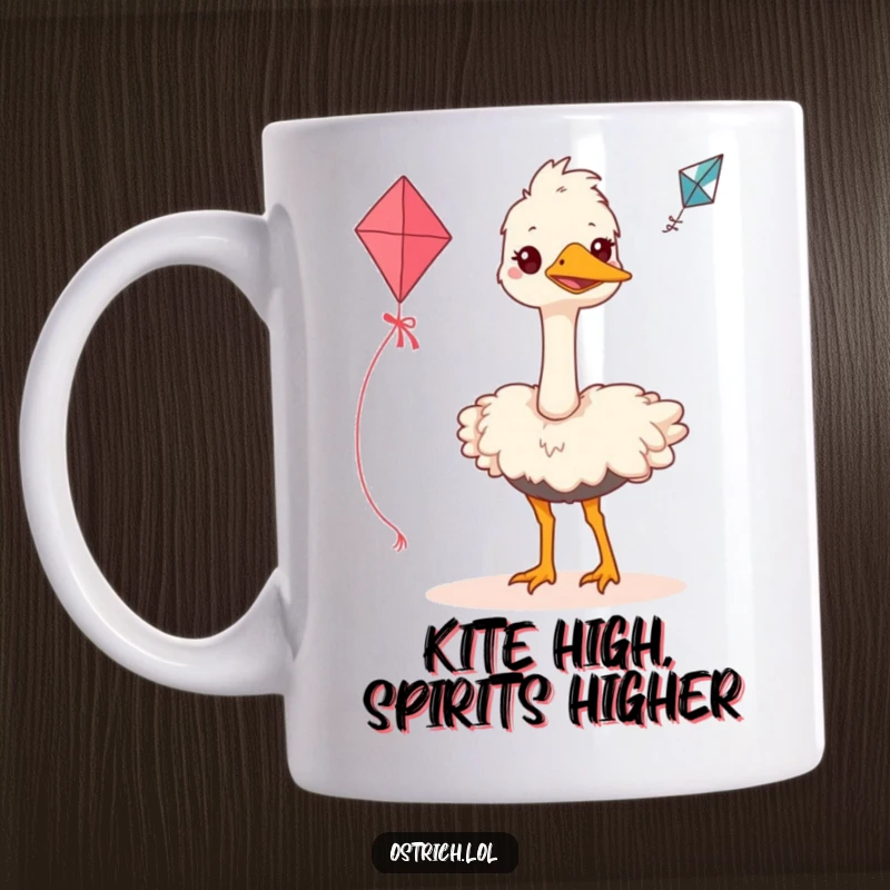 Funny ostrich mug shows a grinning bird struggling hilariously to fly a small kite, its determined expression full of hopeful effort.