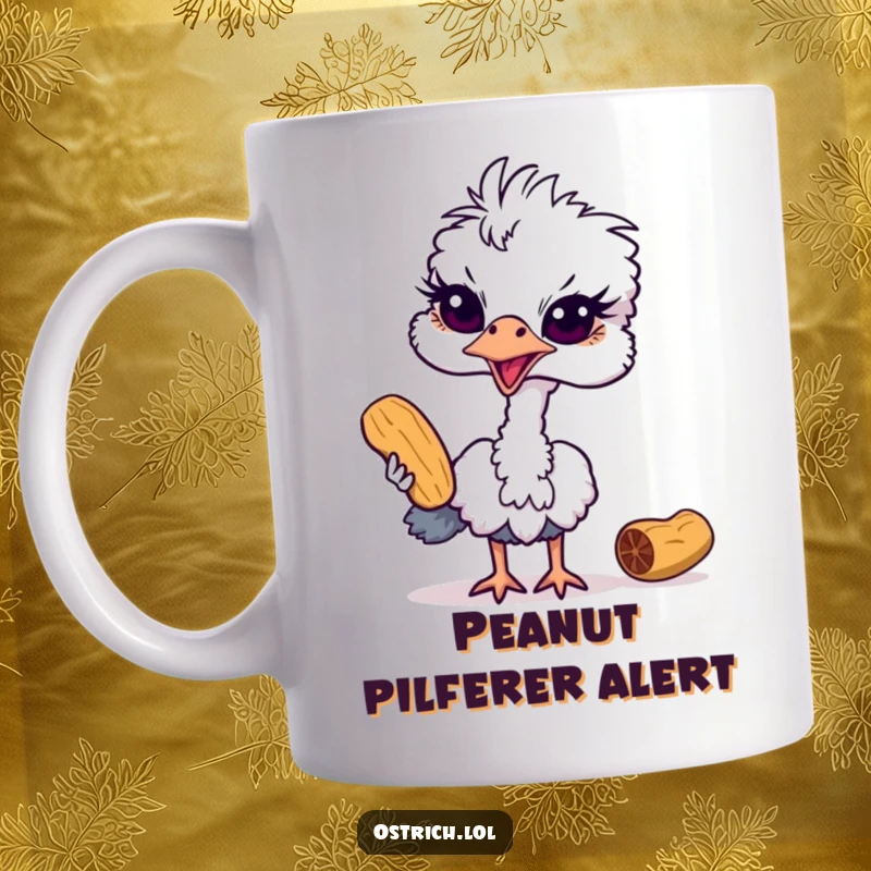 Funny ostrich mug shows a mischievous bird with shifty eyes attempting to sneakily steal a single peanut, full of playful intrigue.