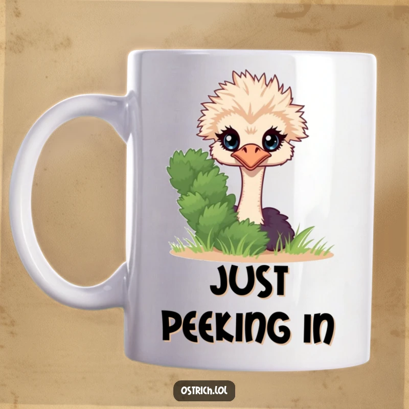 Funny Ostrich Peeking Mug, a curious character with big eyes peeking shyly from behind a green bush.