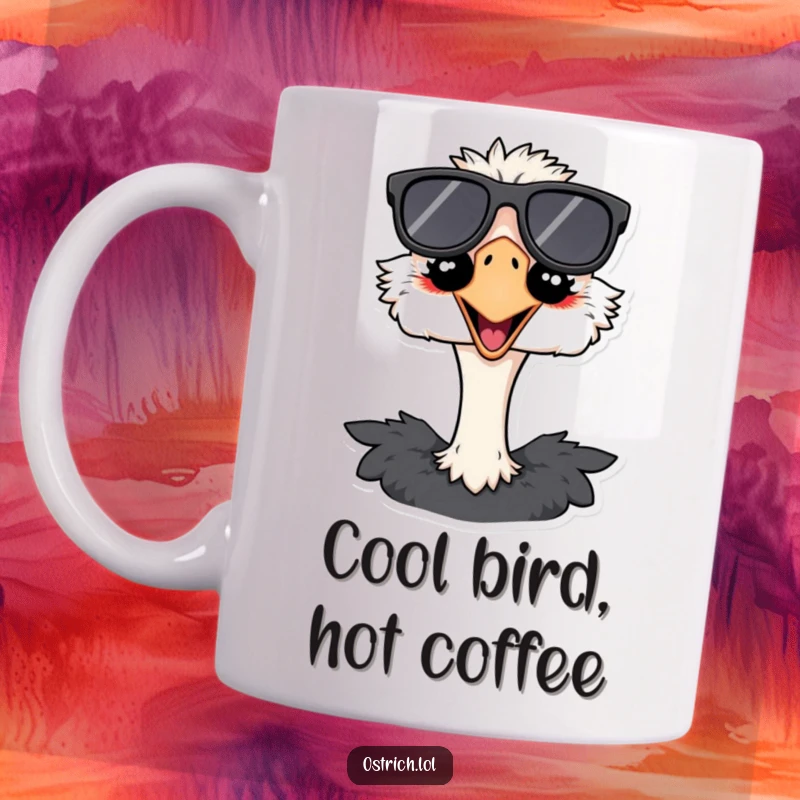 Funny ostrich mug with oversized sunglasses and a wide, happy grin, radiating cool vibes and pure joy, perfect for a sunny day laugh.