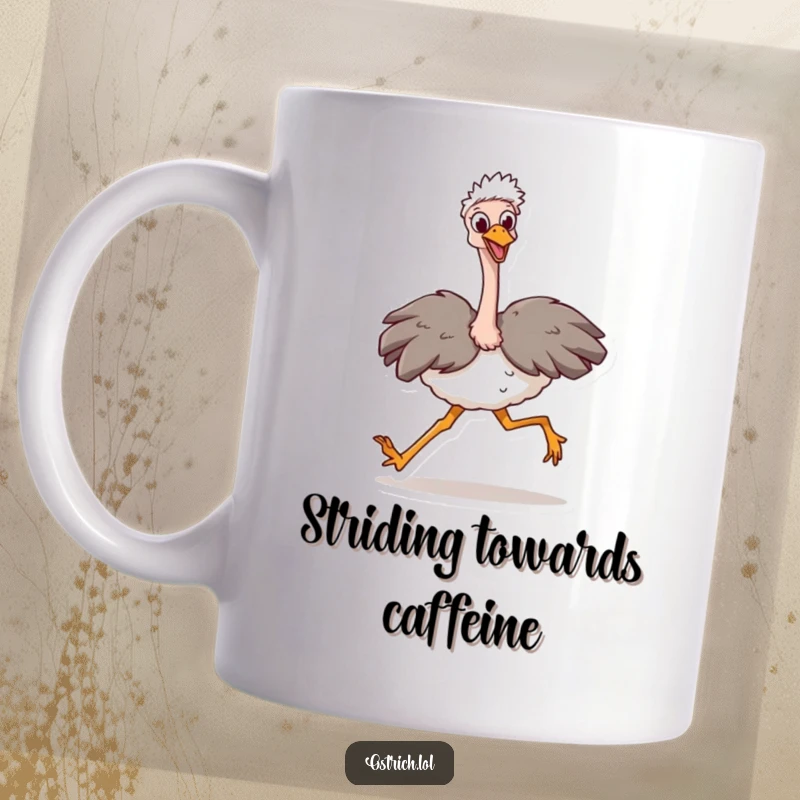 Funny Ostrich Stride Mug: A happy ostrich character taking a huge stride. Humorous and inspirational mug for achievers.