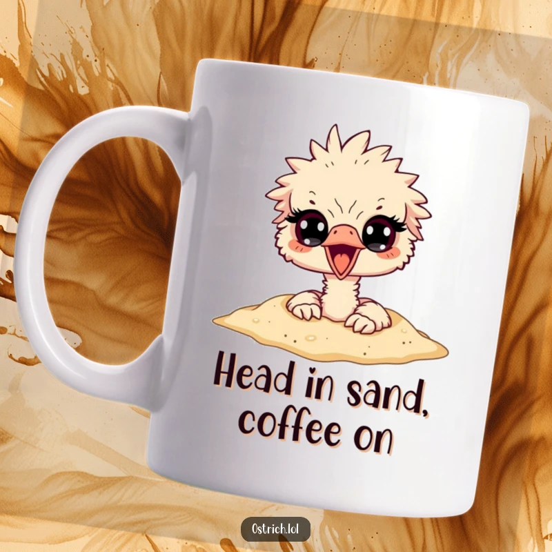 Funny ostrich character with its head completely buried in sand, only its wide, surprised eyes peeking out, depicted on a mug.