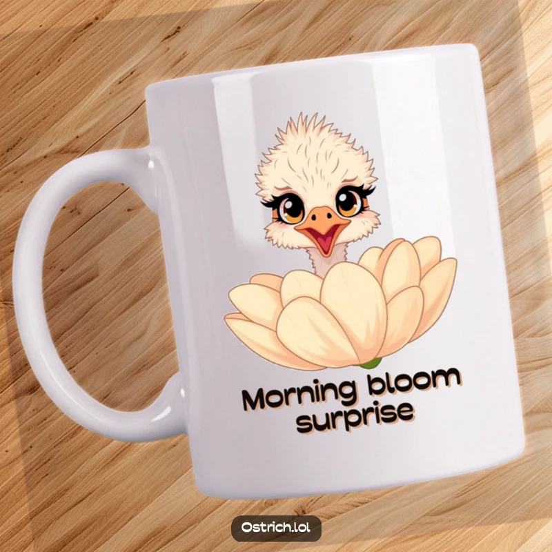 Funny ostrich mug with a surprised character with wide eyes peeking over a giant flower, a delightful surprise.