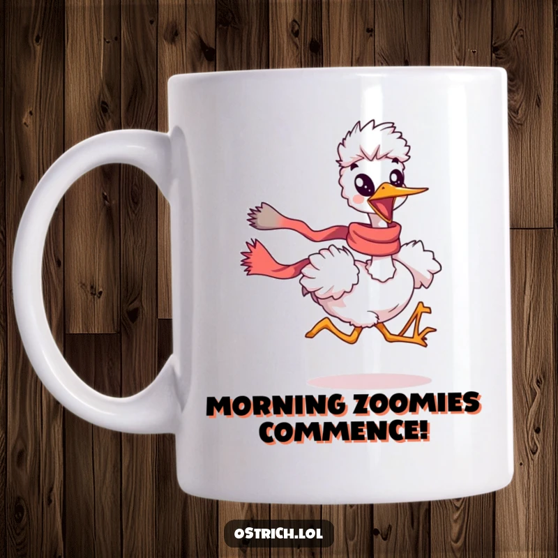 Funny ostrich character running with a flowing scarf on a mug, conveying speed and joy, a great funny gift.