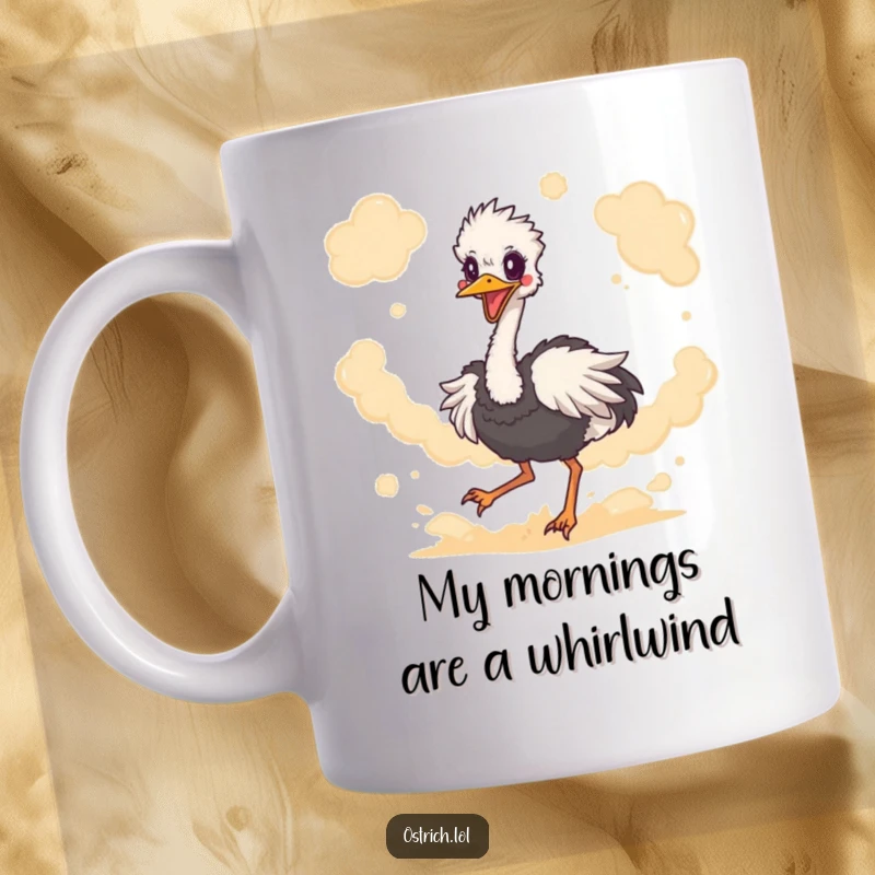 Funny ostrich character energetically kicking up a massive dust cloud, showing pure unadulterated joy and chaos on a ceramic mug.