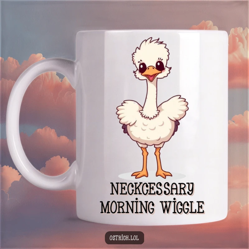 Funny ostrich mug with a long neck doing a silly, energetic dance. Captures pure joy and hilarious movement for a laugh.
