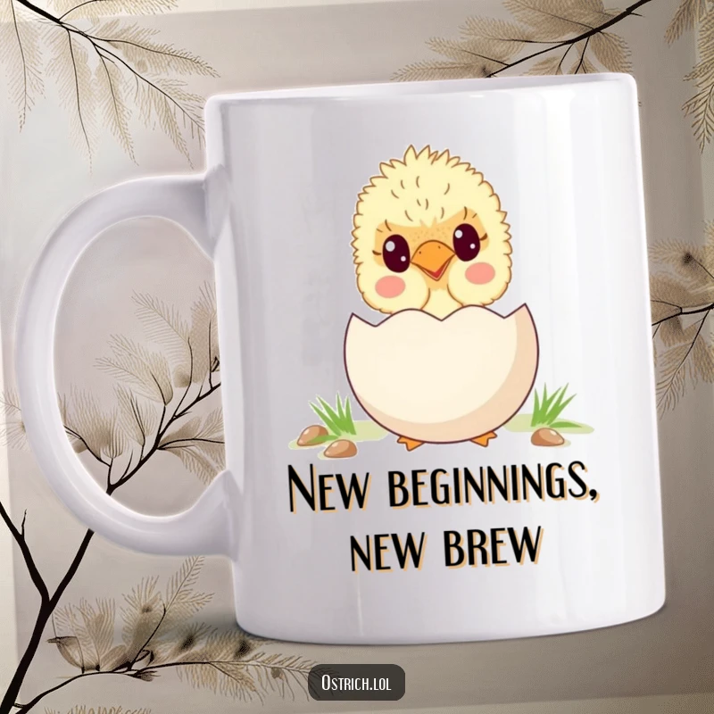 Funny and cute ostrich chick character peeking out from behind a large, cracked egg, on a delightful mug.