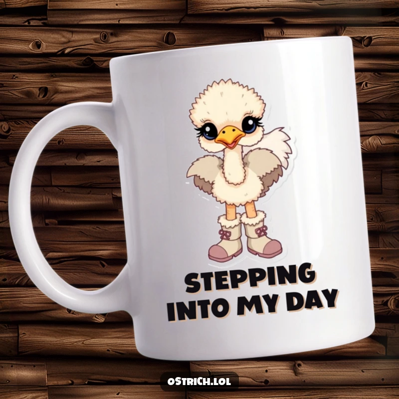 Funny mug featuring a baby ostrich character looking incredibly cute while wearing comically large, oversized boots.