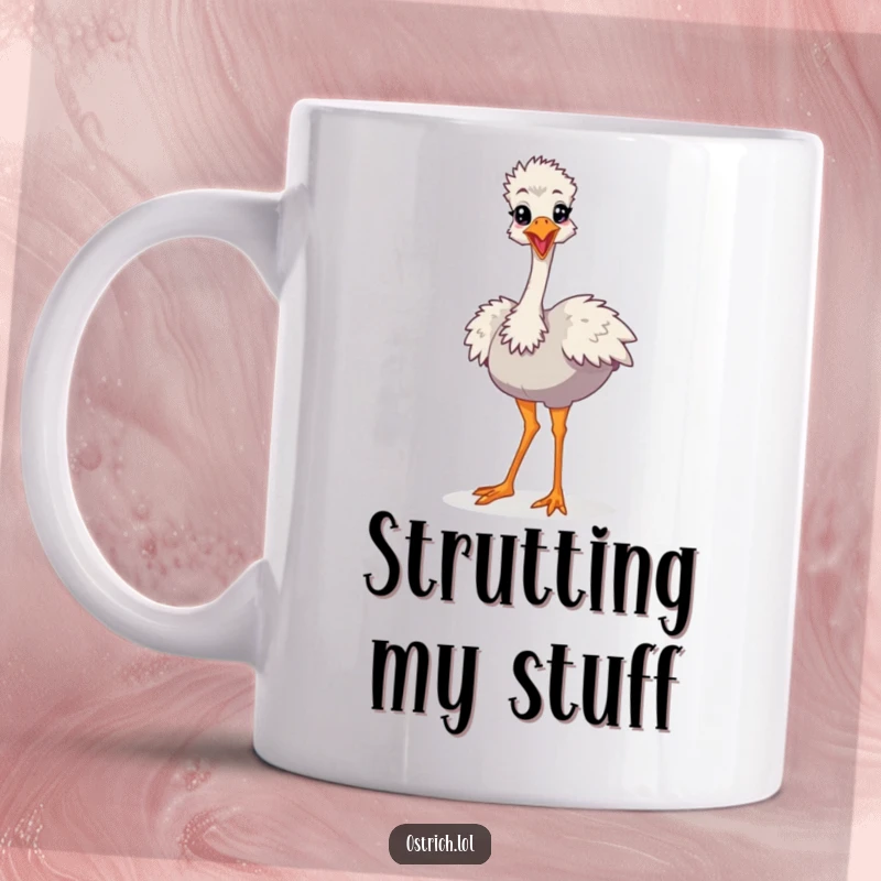 Funny Cartoon Ostrich Mug, a character confidently doing a silly strut with a cheerful expression.