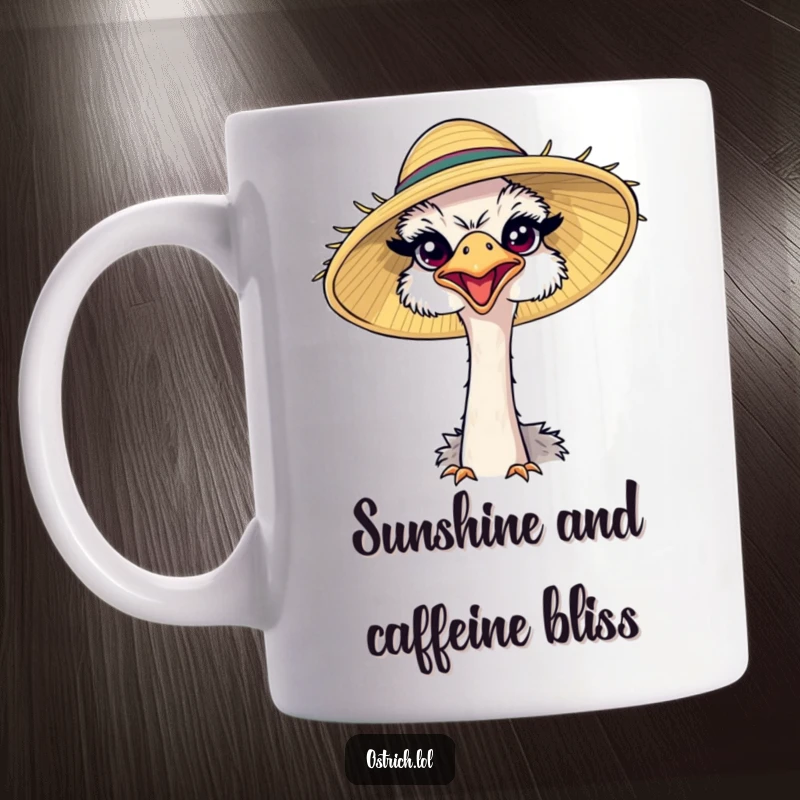 Funny ostrich wearing a comically large sun hat, squinting happily on a coffee mug, radiating joy and summer vibes.