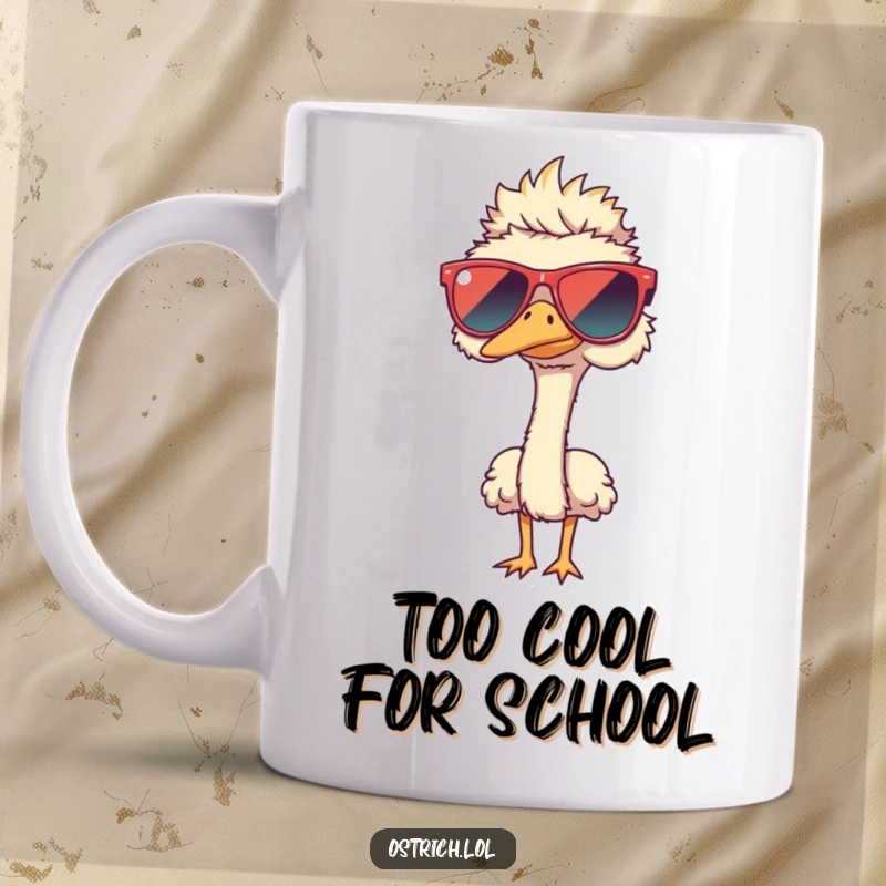 Funny ostrich humorously wearing oversized sunglasses on a mug, a cool and comical funny gift.