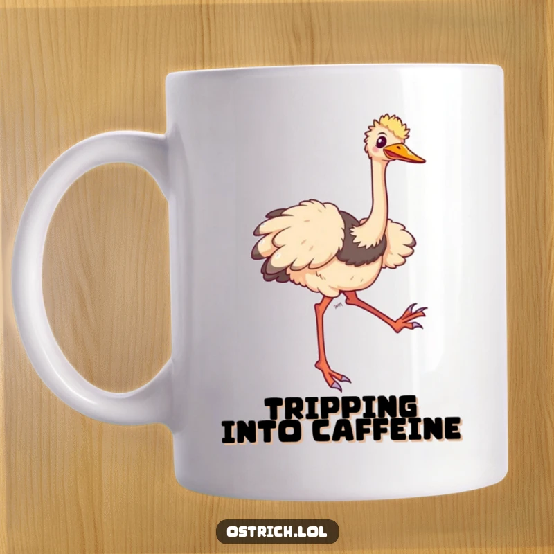 Funny ostrich mug showing a comical character tripping and flailing its long legs happily, perfect for gift-giving.