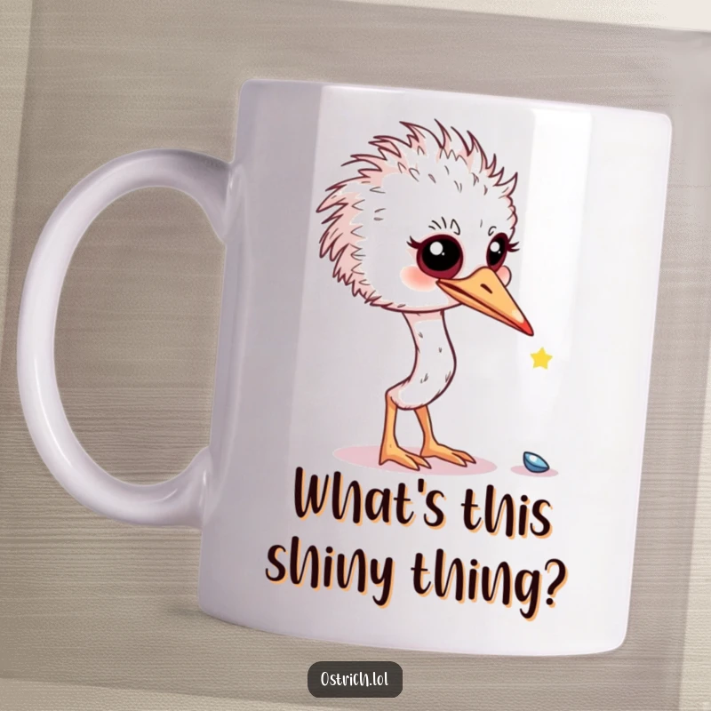 Funny curious ostrich investigating a tiny shiny object on a mug, a humorous depiction of fascination, great funny gift.