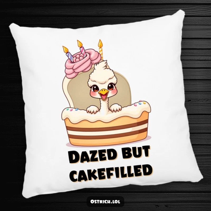 Funny ostrich peeking from a birthday cake on a soft pillow, a cozy and humorous decorative gift.