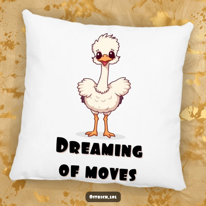 Funny pillow with a soft texture, showing a long-necked ostrich in a silly, joyful dance. Adds a humorous touch to any seating.