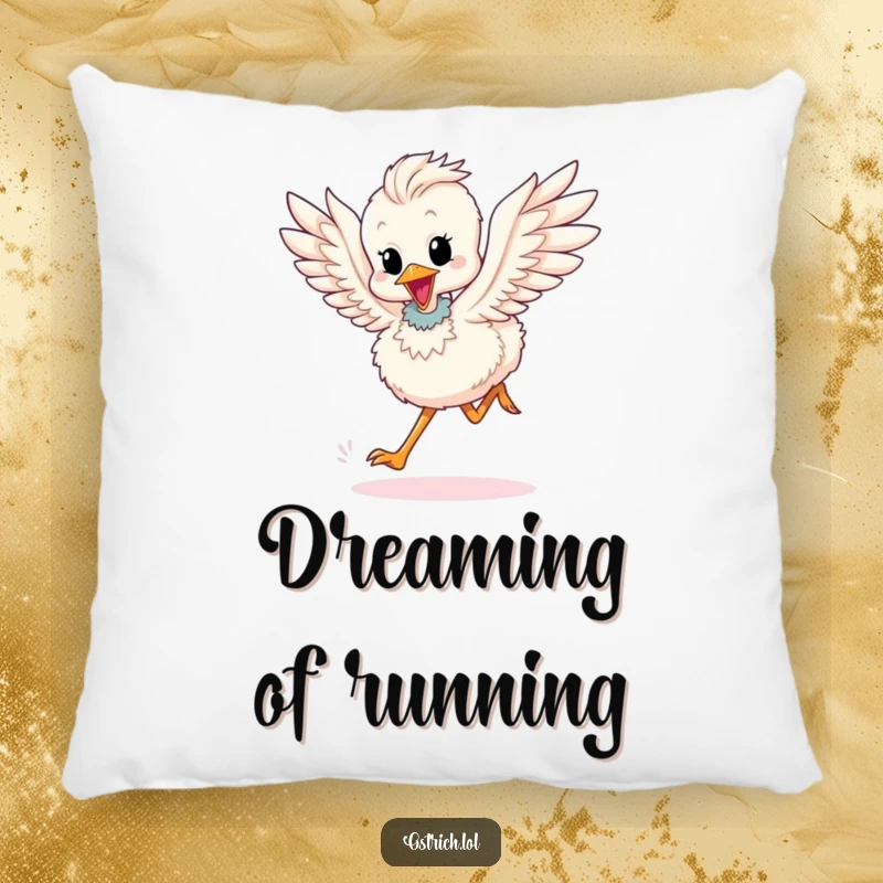 Funny pillow: A cute ostrich chick character running with wings flapping, offering comfortable and energetic decor.