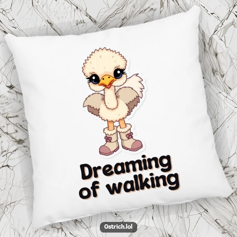 Funny pillow featuring a baby ostrich character looking determined yet cute in oversized boots.