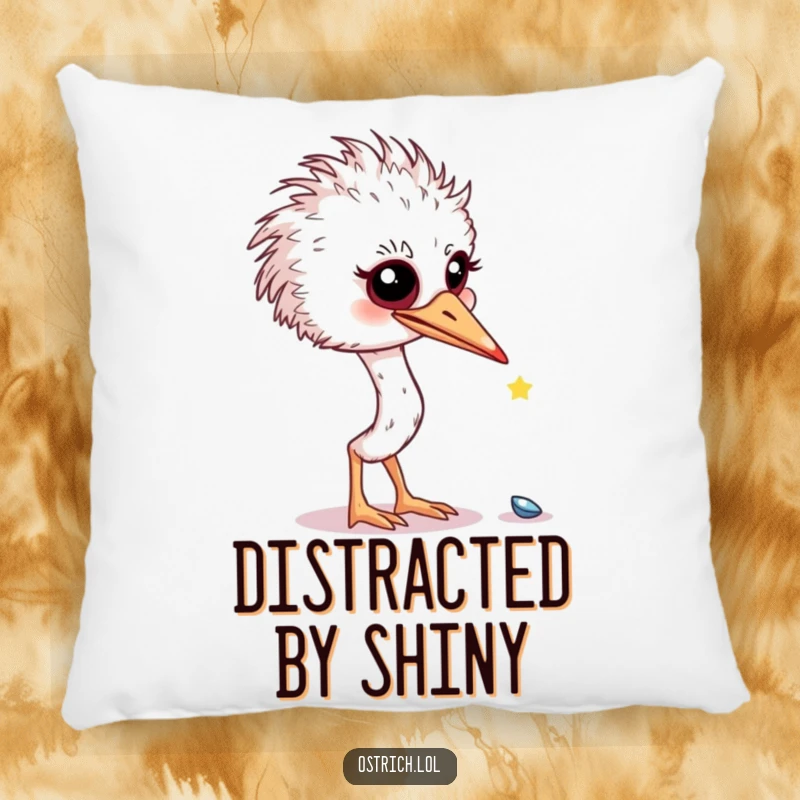 Funny curious ostrich investigating a shiny object on a pillow, a comfortable and humorous funny gift.