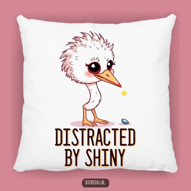 Funny Curious Ostrich Shiny Object Pillow: Snuggle Up with Hilarious Wonder