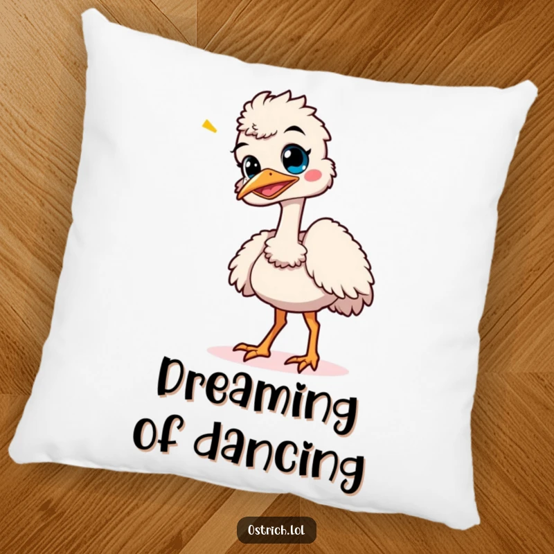 Funny ostrich giggling and doing a wobbly dance, depicted on a soft and humorous decorative pillow.