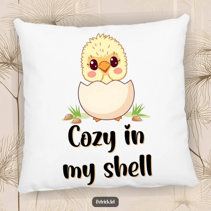 Funny, adorable ostrich chick peeking from behind a large egg, showcased on a comfortable and humorous decorative pillow.