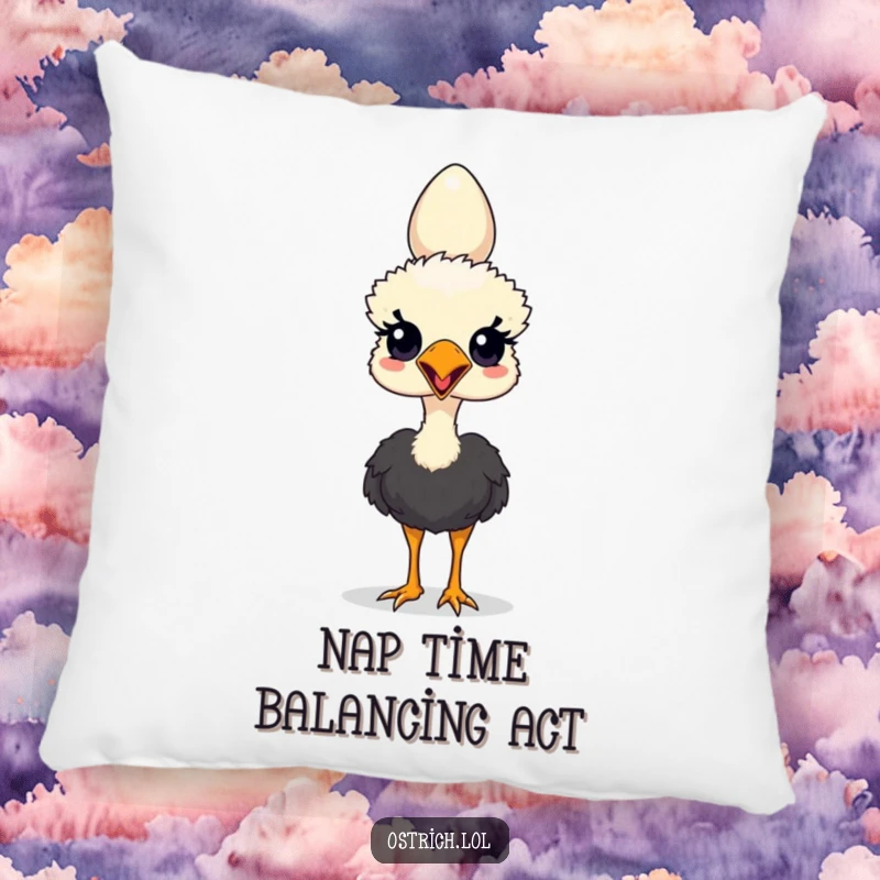 Funny pillow featuring a cartoon ostrich character with an egg perched perfectly on its head, radiating charm.