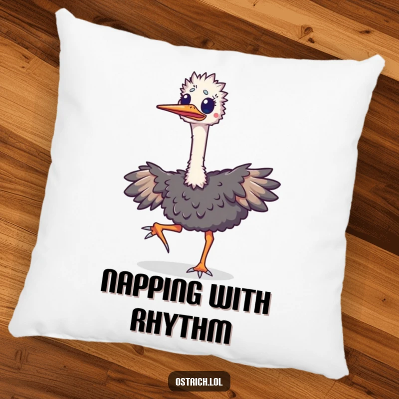 Funny ostrich pillow featuring an ecstatic bird doing a happy jig, its long neck moving rhythmically, offering a soft and cheerful accent.