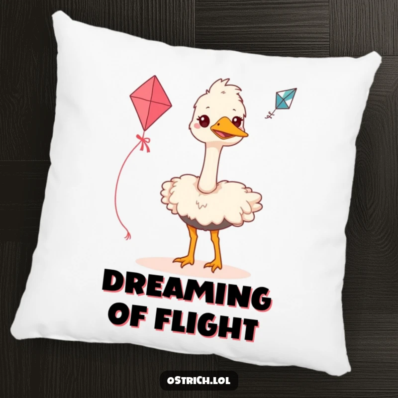 Funny ostrich pillow featuring a grinning bird attempting to fly a kite, offering a soft and humorous accent for dreams and determination.