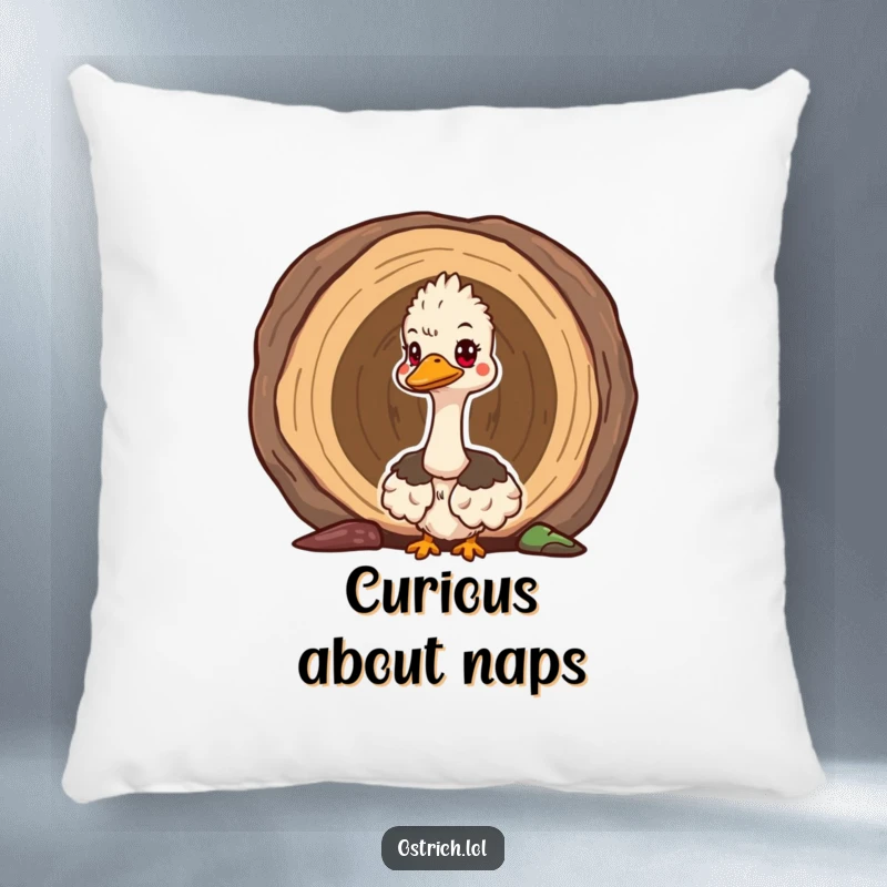 Funny cute ostrich peeking out of a hollow log on a soft pillow, adding comfort and a touch of curious charm.