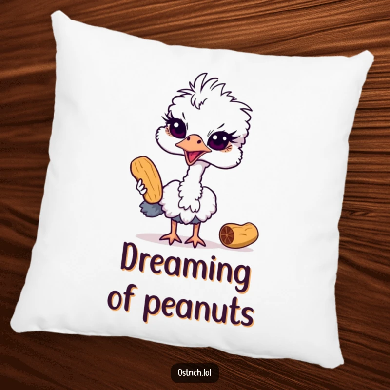 Funny ostrich pillow featuring a mischievous bird attempting to steal a peanut, offering a soft and humorous decorative touch.