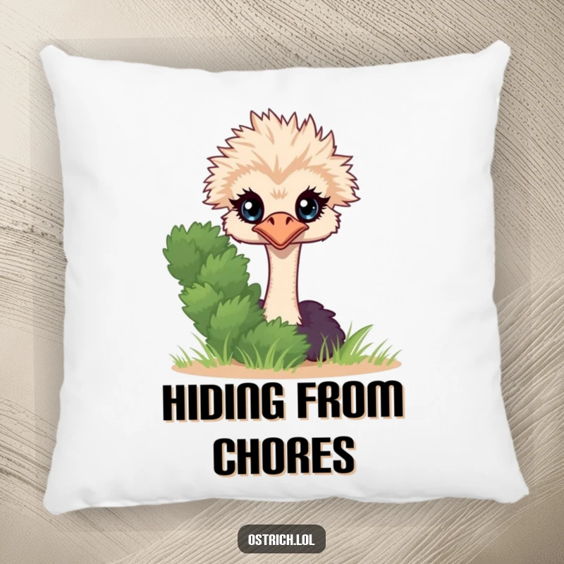 Funny Ostrich Peeking Pillow, a shy character hiding behind a bush, perfect for cozy relaxation.