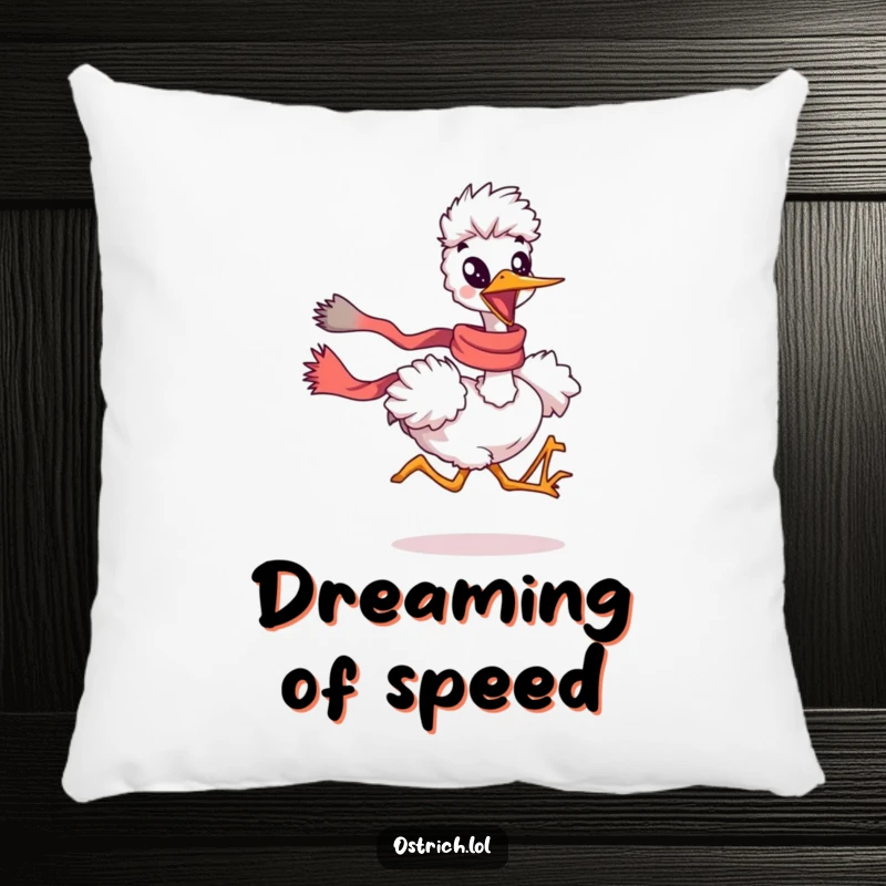 Funny ostrich running with a flowing scarf on a pillow, a comfortable and humorous funny gift.