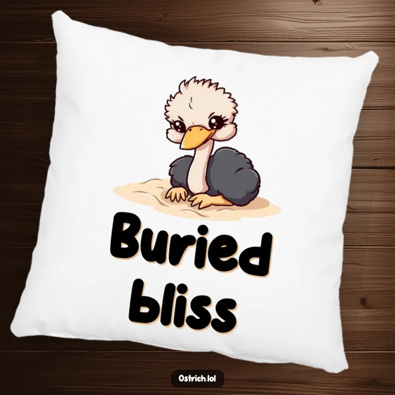 Funny pillow showcasing an ostrich character dramatically burying its head in soft sand, offering humorous comfort and stress relief.