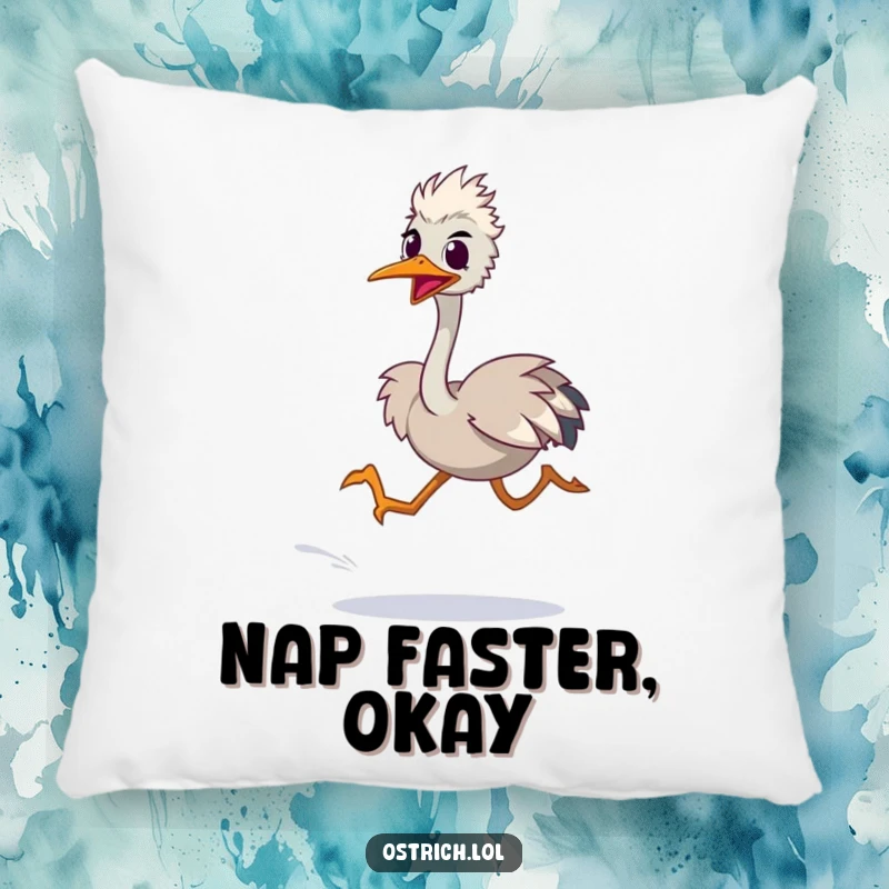 Funny pillow showcasing an ostrich character in a speedy, blurred-leg sprint, bringing a humorous and dynamic touch to any room.