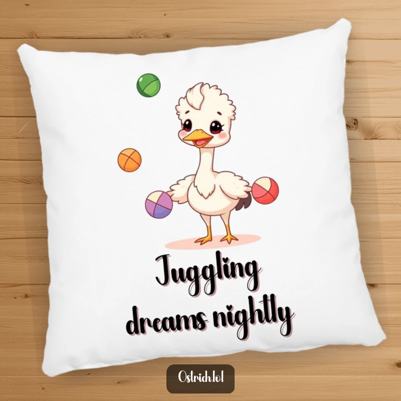 Funny cheerful ostrich juggling colorful balls on a pillow, a comfortable and humorous funny gift.