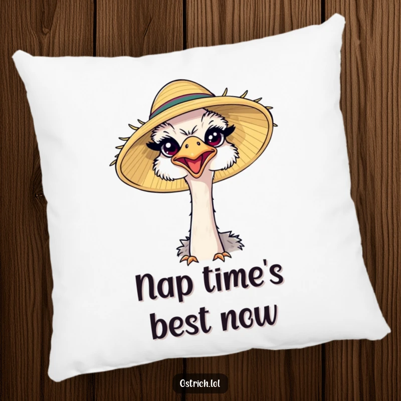 Funny ostrich wearing a comically large sun hat, squinting happily on a soft pillow, adding comfort and humor to any room.