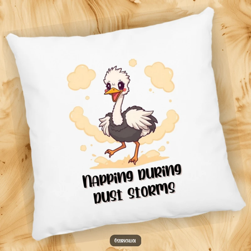 Funny ostrich character kicking up dust, presented on a plush pillow, bringing a humorous and energetic vibe to home decor.