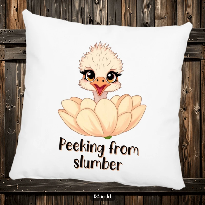 Funny ostrich pillow depicting a surprised character with wide eyes peeking over a giant flower, perfect for cozy spaces.