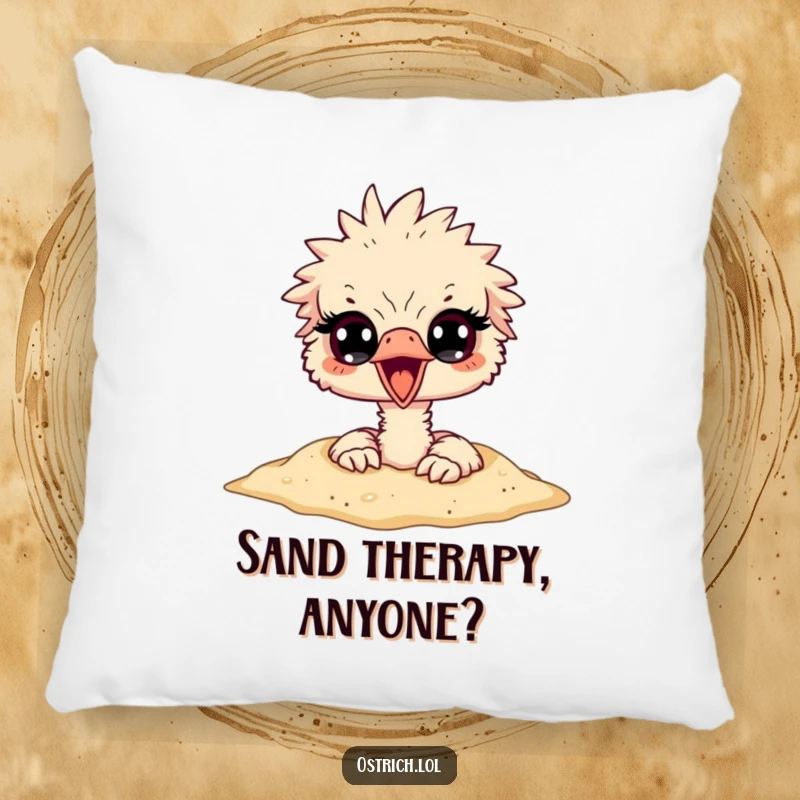 Funny ostrich with its head buried in sand, eyes peeking out in surprise, depicted on a soft and humorous throw pillow.