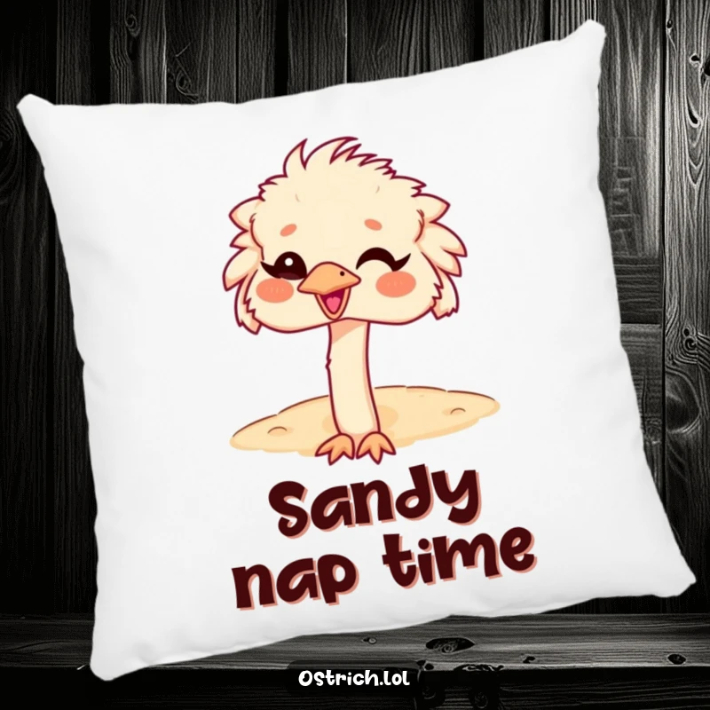 Funny Ostrich Head in Sand Pillow, a giggling character hiding its head, perfect for cozy, humorous relaxation.