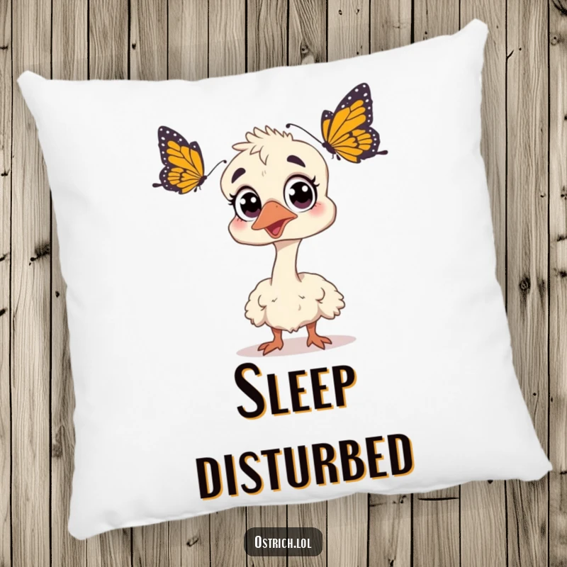 Funny ostrich, wide-eyed and startled by a butterfly, on a soft pillow, designed for comfort and humorous appeal, ideal gift.