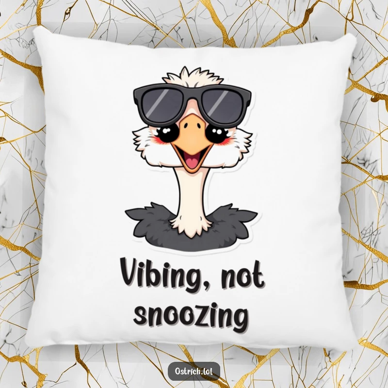 Funny ostrich pillow with a grinning bird wearing oversized sunglasses, offering a plush and humorous decorative accent for sofas or beds.
