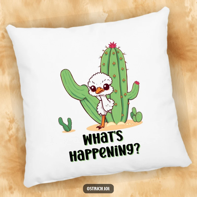 Funny curious ostrich peeking around a desert cactus on a soft pillow, designed for comfort and a touch of desert humor, ideal gift.